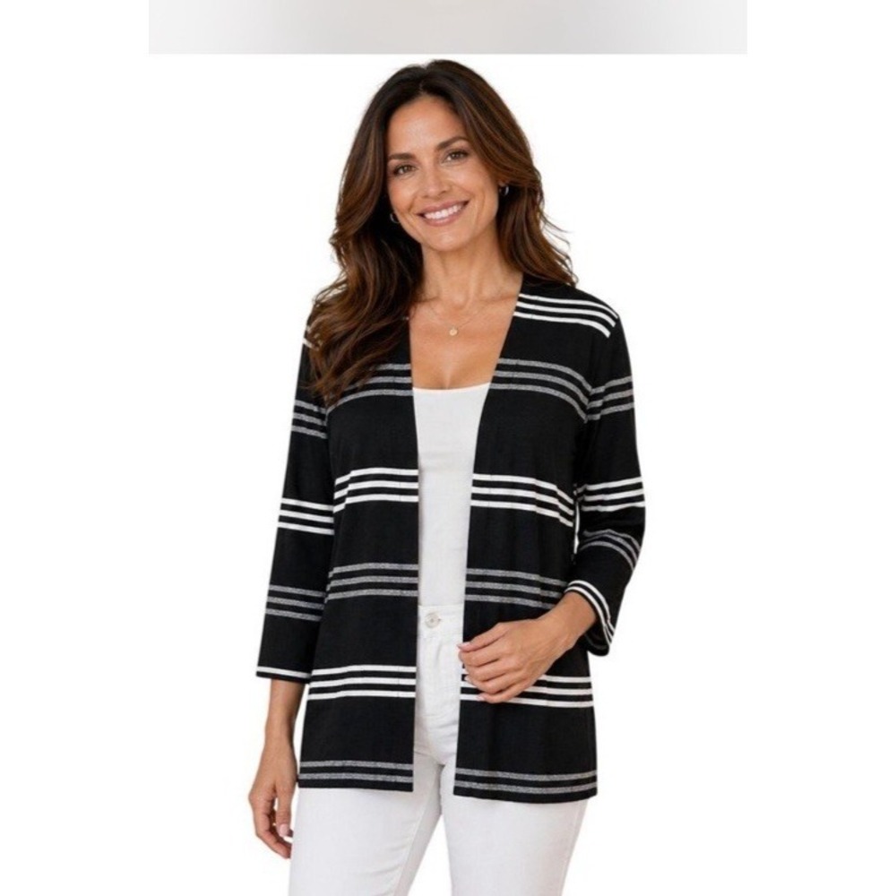 J. Jill Wearever Open Front Cardigan Black Striped Women Plus 2X Coastal‎
